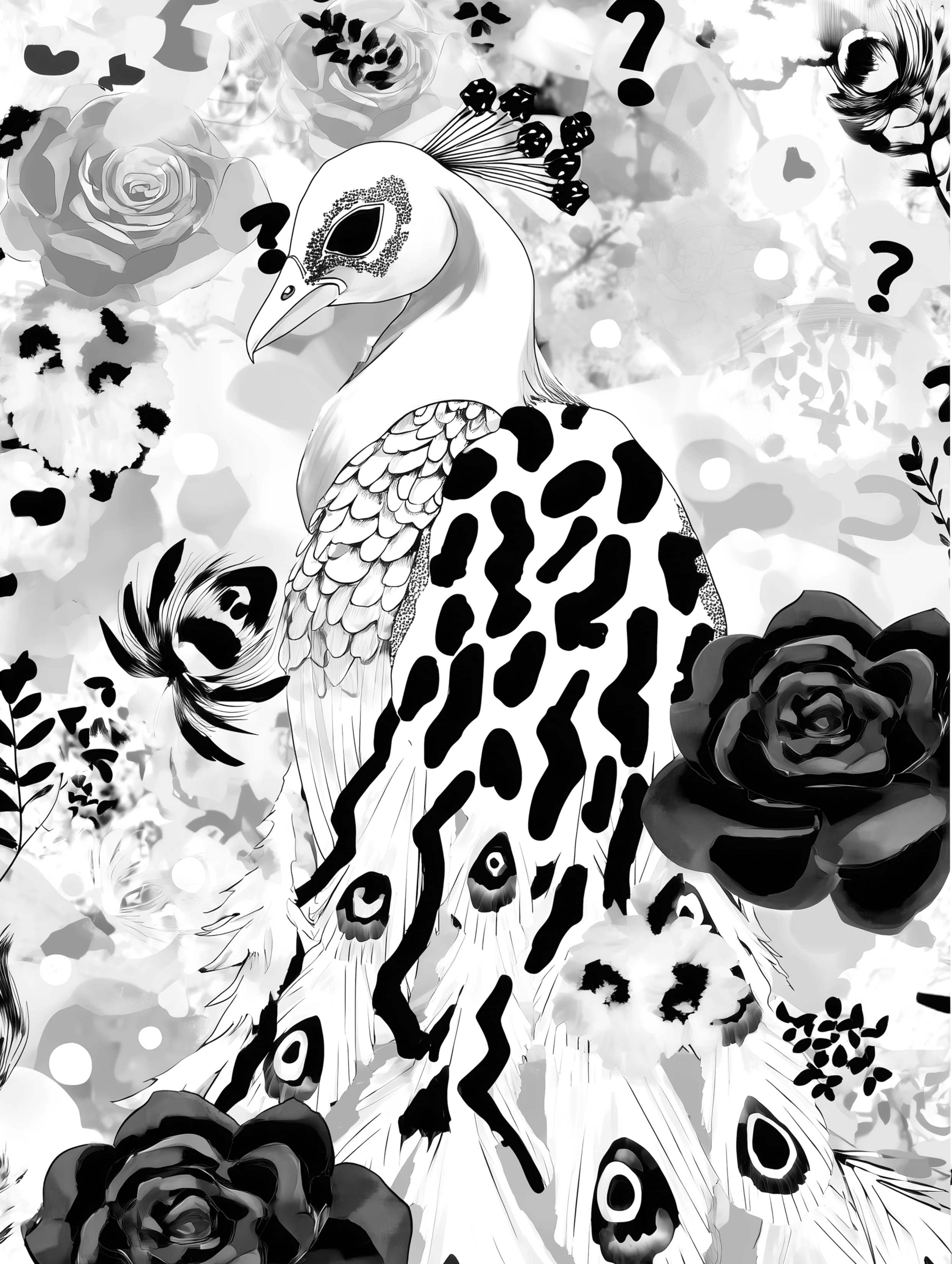 Free printable coloring page of peacock for adults featuring black spots on peacock